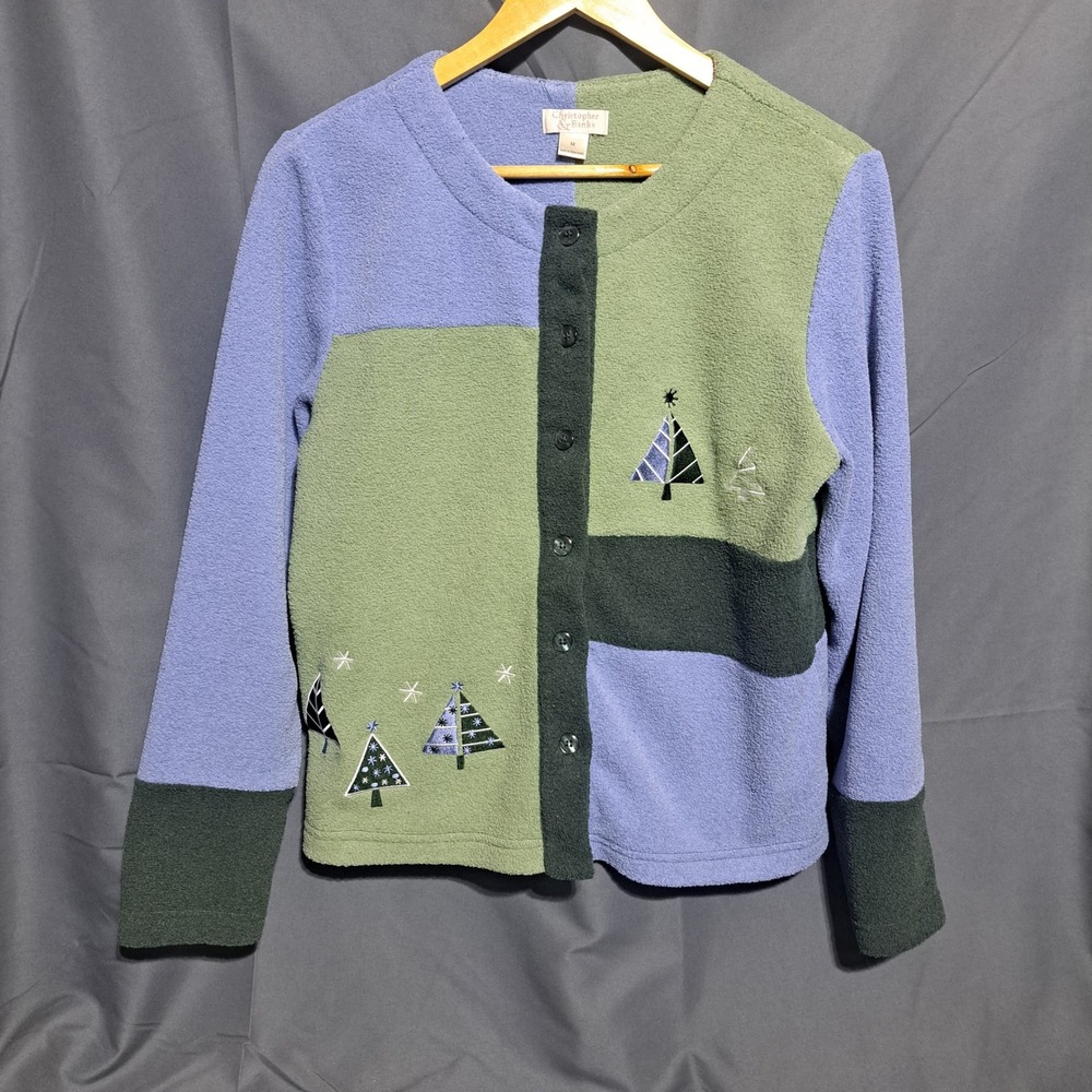Christopher & Banks MEDIUM Button Up Cardigan Christmas Blue Greeen Cozy